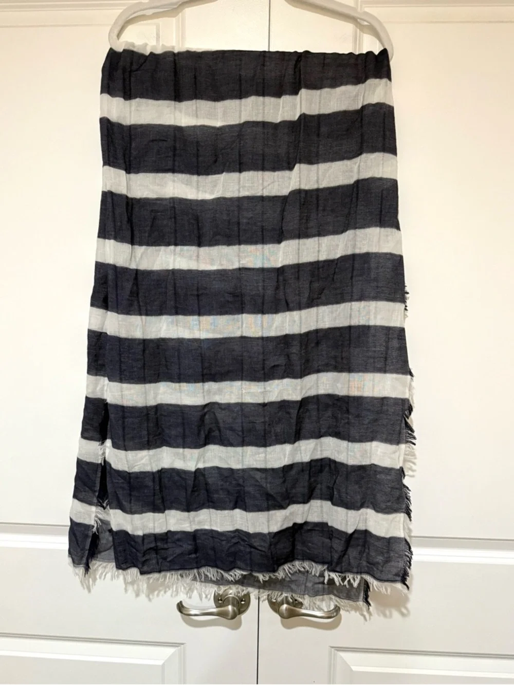 J. Crew Blue and White Striped Fringe Trim Scarf Wrap 💯% Organic Cotton